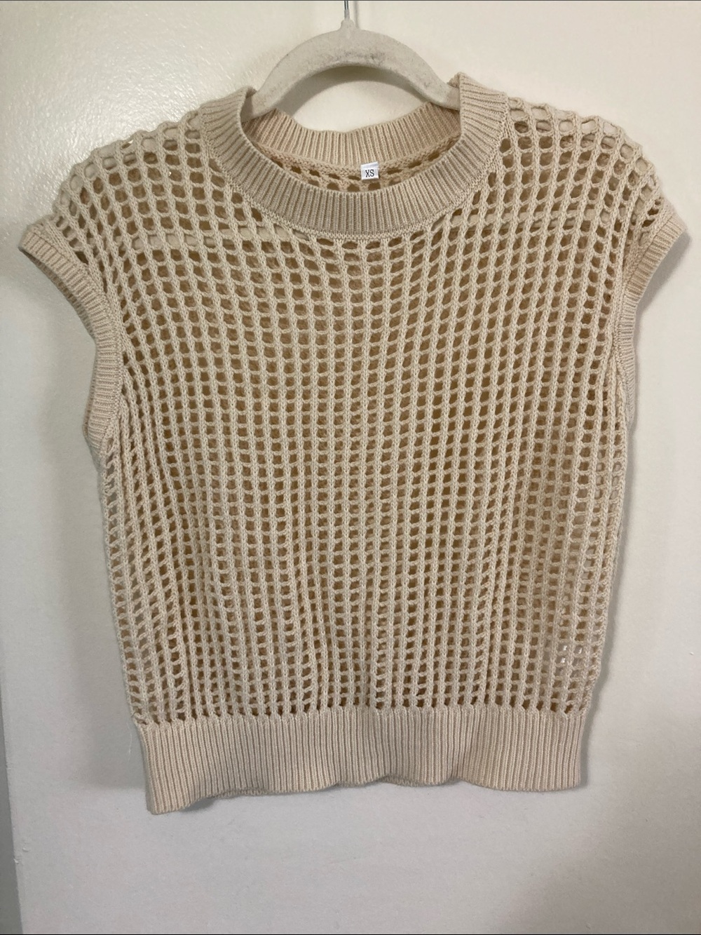 Sleeveless Beige Open-Weave Knit Top